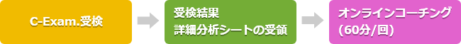 C-Exam.受検 → 受検結果　詳細分析シートの受領 →　オンラインコーチング(60分/回)